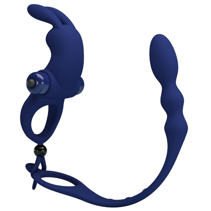 PRETTY LOVE Anel Vibrador Coelho com Plug Anal Azul em silicone e ABS, mostrando o design 2 em 1.