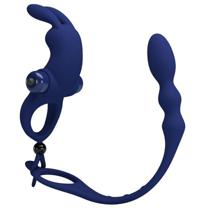 PRETTY LOVE Anel Vibrador Coelho com Plug Anal Azul em silicone e ABS, mostrando o design 2 em 1.