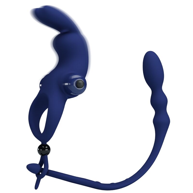 PRETTY LOVE Anel Vibrador Coelho com Plug Anal Azul em silicone e ABS, mostrando o design 2 em 1.