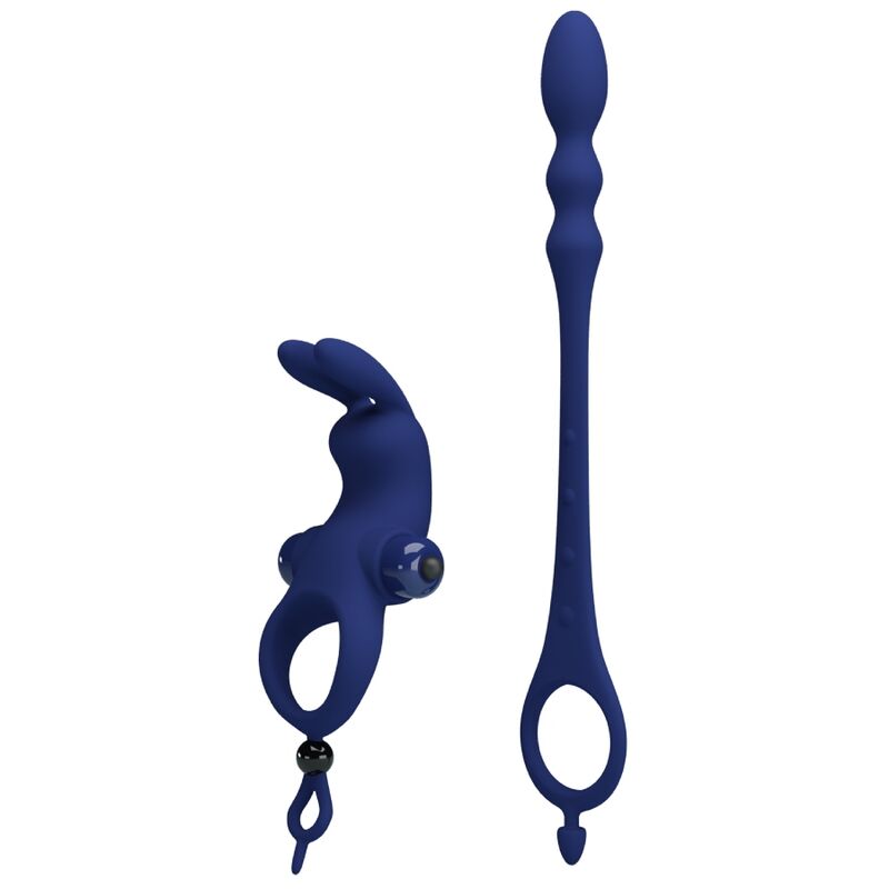 PRETTY LOVE Anel Vibrador Coelho com Plug Anal Azul em silicone e ABS, mostrando o design 2 em 1.