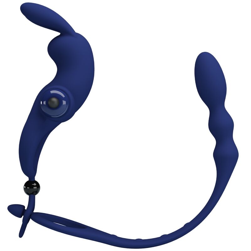 PRETTY LOVE Anel Vibrador Coelho com Plug Anal Azul em silicone e ABS, mostrando o design 2 em 1.
