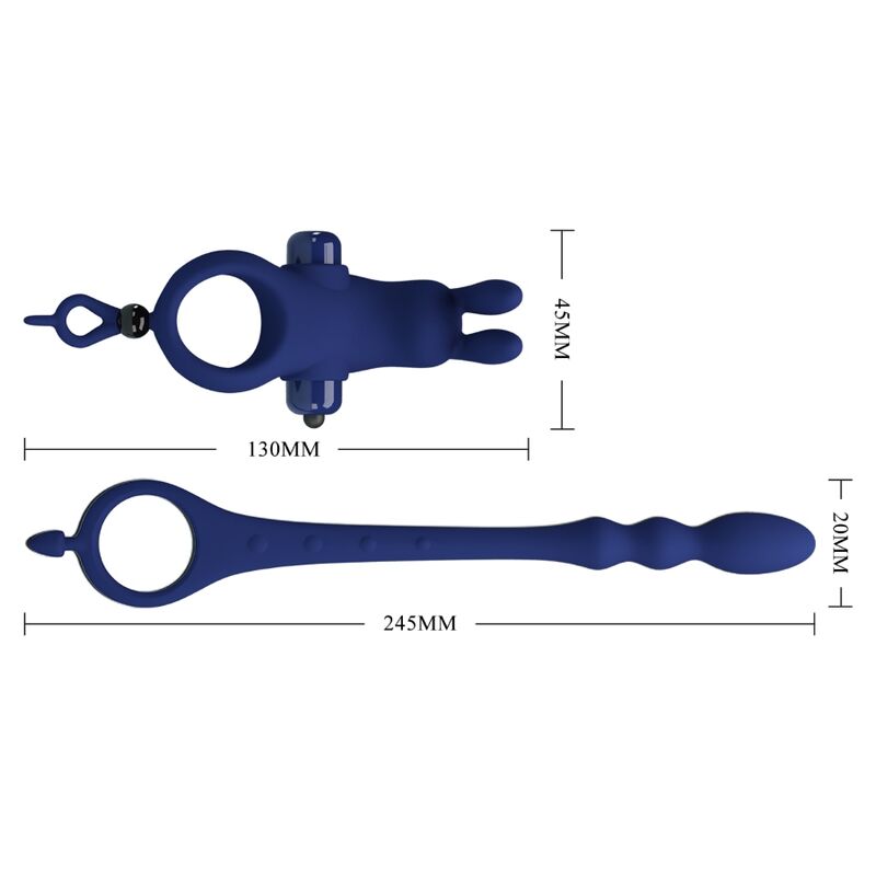 PRETTY LOVE Anel Vibrador Coelho com Plug Anal Azul em silicone e ABS, mostrando o design 2 em 1.
