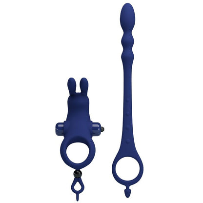 PRETTY LOVE Anel Vibrador Coelho com Plug Anal Azul em silicone e ABS, mostrando o design 2 em 1.