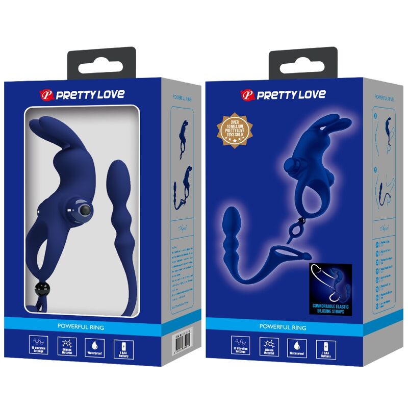 PRETTY LOVE Anel Vibrador Coelho com Plug Anal Azul em silicone e ABS, mostrando o design 2 em 1.