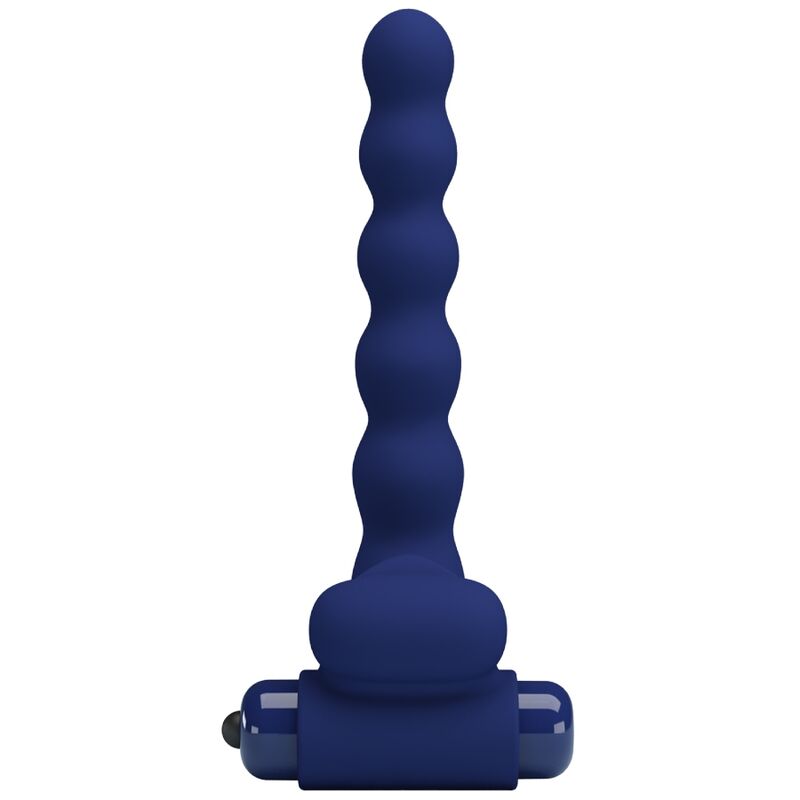 Close-up do PRETTY LOVE Anel Vibrador com Plug Ajmal de silicone azul, mostrando seu design e funcionalidades vibratórias.