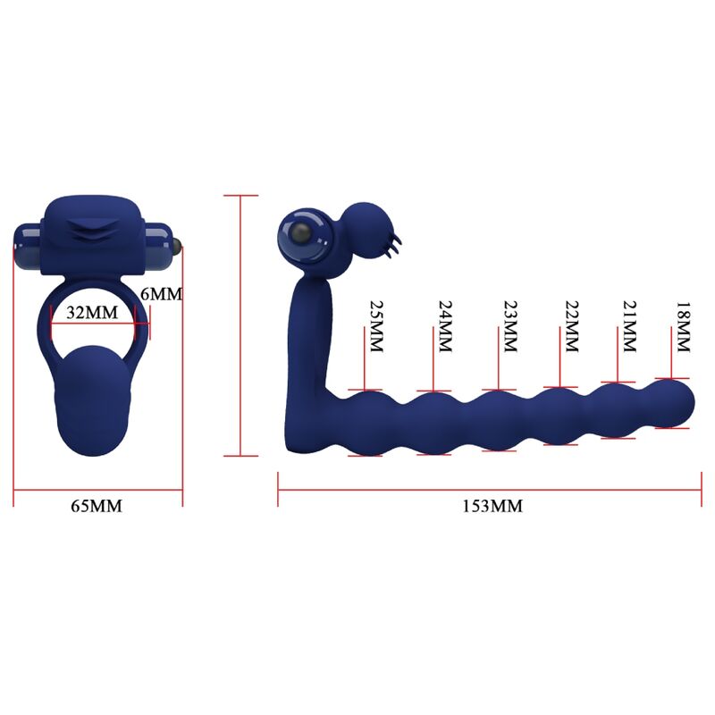 Close-up do PRETTY LOVE Anel Vibrador com Plug Ajmal de silicone azul, mostrando seu design e funcionalidades vibratórias.