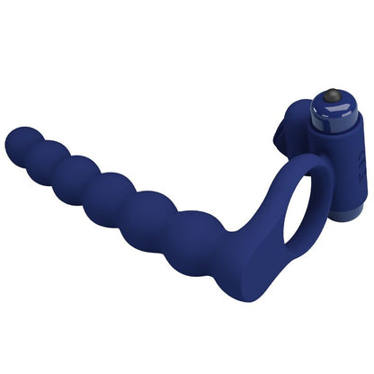 Close-up do PRETTY LOVE Anel Vibrador com Plug Ajmal de silicone azul, mostrando seu design e funcionalidades vibratórias.