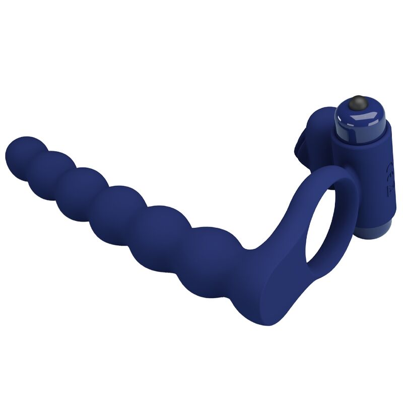 Close-up do PRETTY LOVE Anel Vibrador com Plug Ajmal de silicone azul, mostrando seu design e funcionalidades vibratórias.