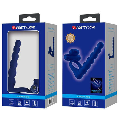 Close-up do PRETTY LOVE Anel Vibrador com Plug Ajmal de silicone azul, mostrando seu design e funcionalidades vibratórias.