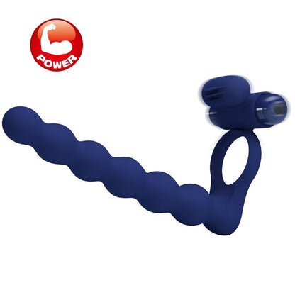 Close-up do PRETTY LOVE Anel Vibrador com Plug Ajmal de silicone azul, mostrando seu design e funcionalidades vibratórias.