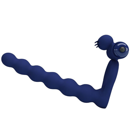 Close-up do PRETTY LOVE Anel Vibrador com Plug Ajmal de silicone azul, mostrando seu design e funcionalidades vibratórias.
