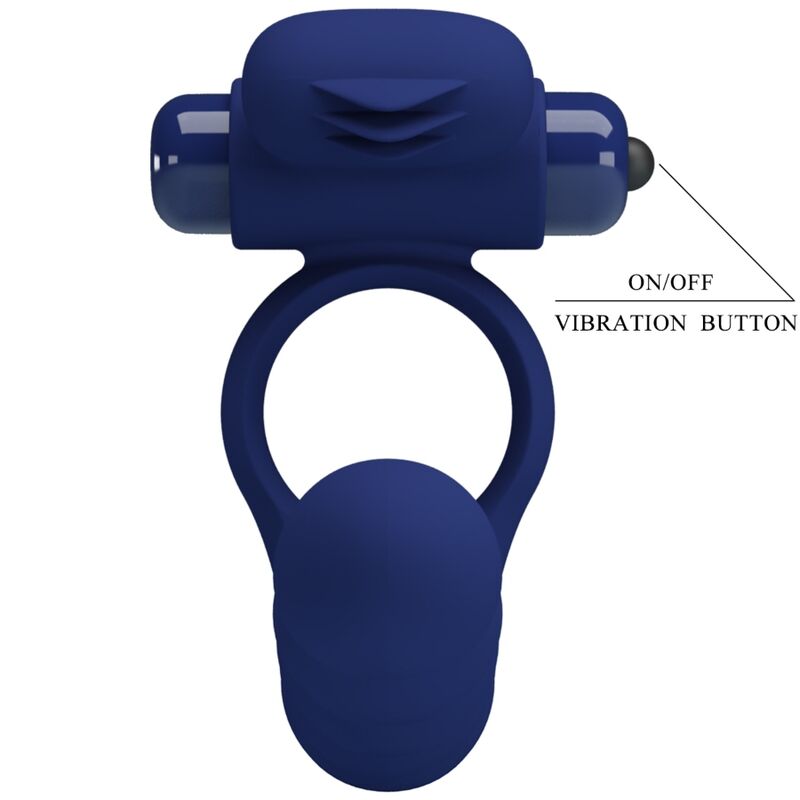 Close-up do PRETTY LOVE Anel Vibrador com Plug Ajmal de silicone azul, mostrando seu design e funcionalidades vibratórias.
