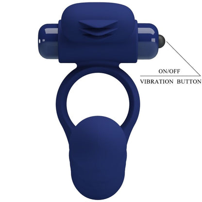 Close-up do PRETTY LOVE Anel Vibrador com Plug Ajmal de silicone azul, mostrando seu design e funcionalidades vibratórias.