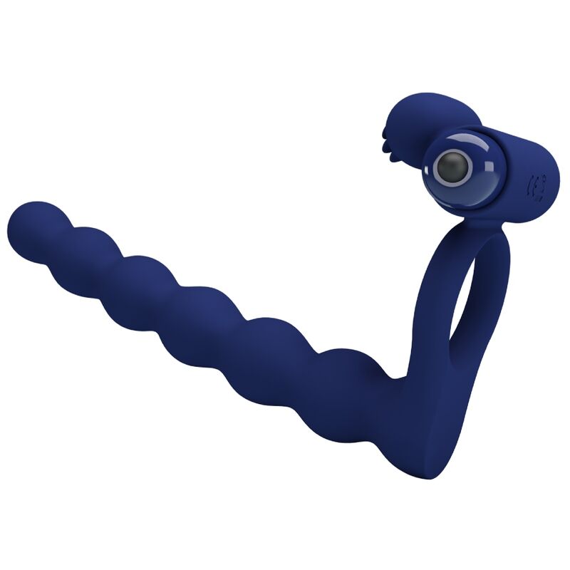 Close-up do PRETTY LOVE Anel Vibrador com Plug Ajmal de silicone azul, mostrando seu design e funcionalidades vibratórias.
