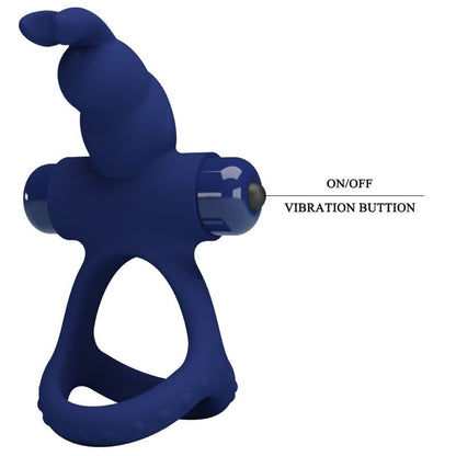 Anel Vibrante Duplo Coelho Azul PRETTY LOVE em silicone, ideal para intensificar o prazer e ereções.