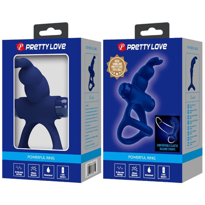 Anel Vibrante Duplo Coelho Azul PRETTY LOVE em silicone, ideal para intensificar o prazer e ereções.