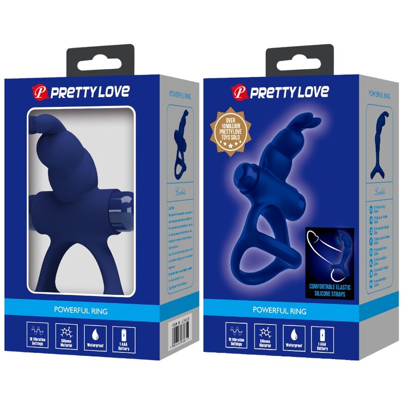 Anel Vibrante Duplo Coelho Azul PRETTY LOVE em silicone, ideal para intensificar o prazer e ereções.