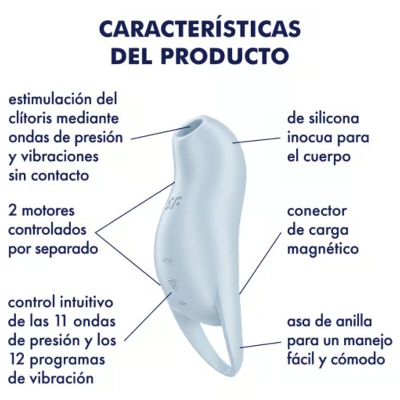 Close-up do Satisfyer Pocket Pro 1 Estimulador Clitoriano na cor azul claro, mostrando o seu design ergonómico e abertura para ondas de pressão.