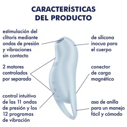 Close-up do Satisfyer Pocket Pro 1 Estimulador Clitoriano na cor azul claro, mostrando o seu design ergonómico e abertura para ondas de pressão.