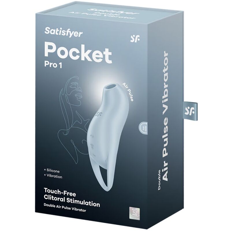 Close-up do Satisfyer Pocket Pro 1 Estimulador Clitoriano na cor azul claro, mostrando o seu design ergonómico e abertura para ondas de pressão.
