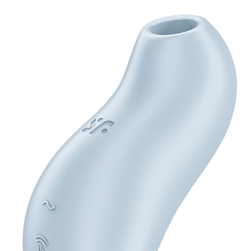 Close-up do Satisfyer Pocket Pro 1 Estimulador Clitoriano na cor azul claro, mostrando o seu design ergonómico e abertura para ondas de pressão.