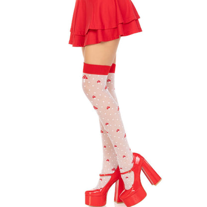 LEG AVENUE - CALCETINES ALTOS ROJOS/BLANCOS CON ESTAMPADO DE HONGO