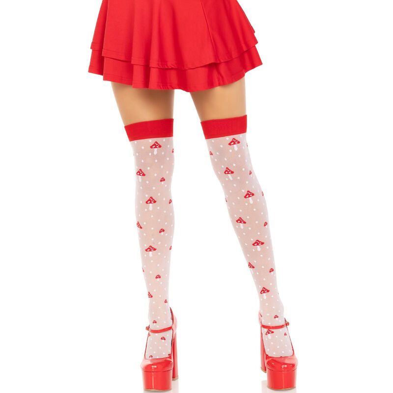 LEG AVENUE - CALCETINES ALTOS ROJOS/BLANCOS CON ESTAMPADO DE HONGO