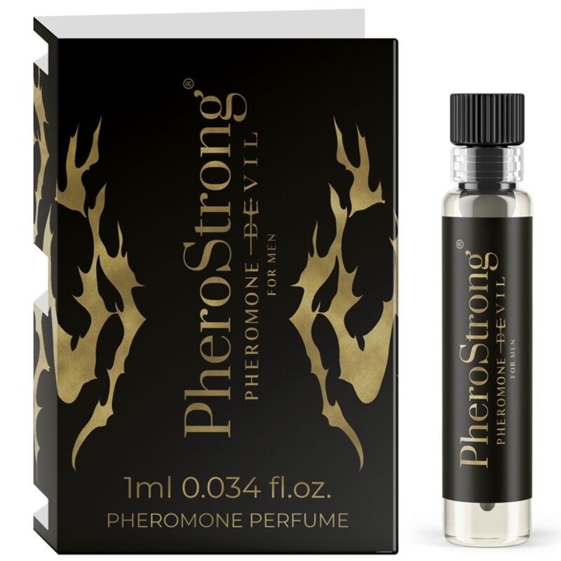 PHEROSTRONG Perfume de Feromônios Devil Para Homem 1 ML, frasco elegante e detalhes da fragrância.