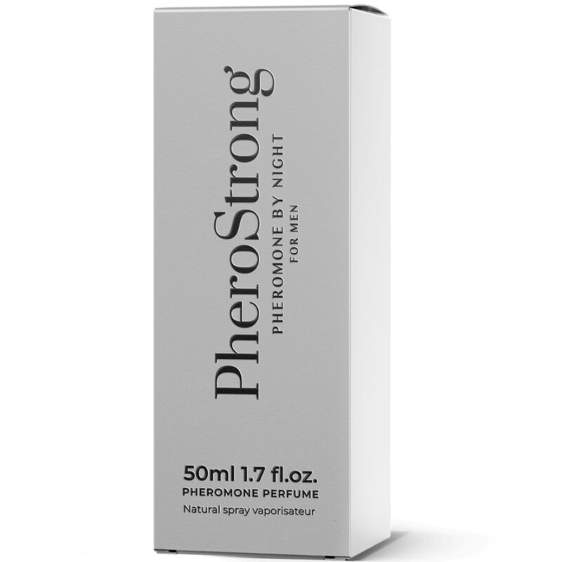 Frasco de PHEROSTRONG Perfume de Feromônios Noite para Homem 50 ML, destacando seu design elegante e cor escura.