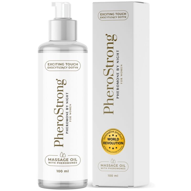 Frasco de PHEROSTRONG Óleo de Massagem Noite com Feromónios para Mulheres 100 ML, destacando o rótulo e a embalagem.