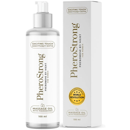 Frasco de PHEROSTRONG Óleo de Massagem Noite com Feromónios para Mulheres 100 ML, destacando o rótulo e a embalagem.