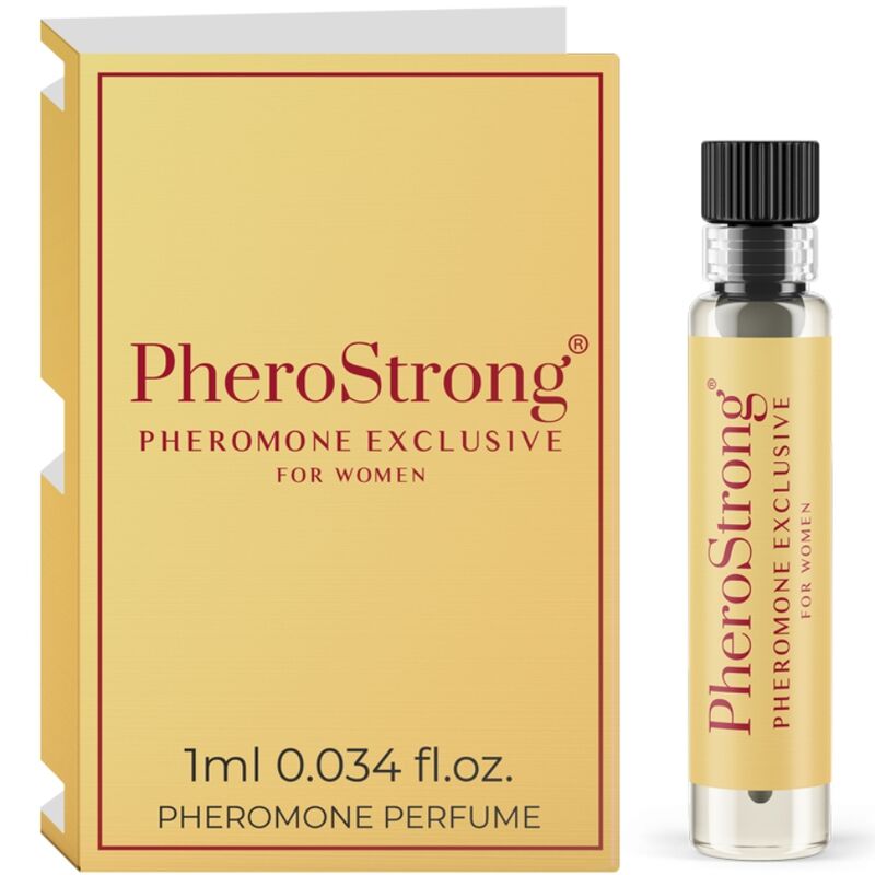 Frasco de PHEROSTRONG Perfume de Feromônios Exclusivo para Mulheres 1 ML, exibindo seu design elegante e líquido.