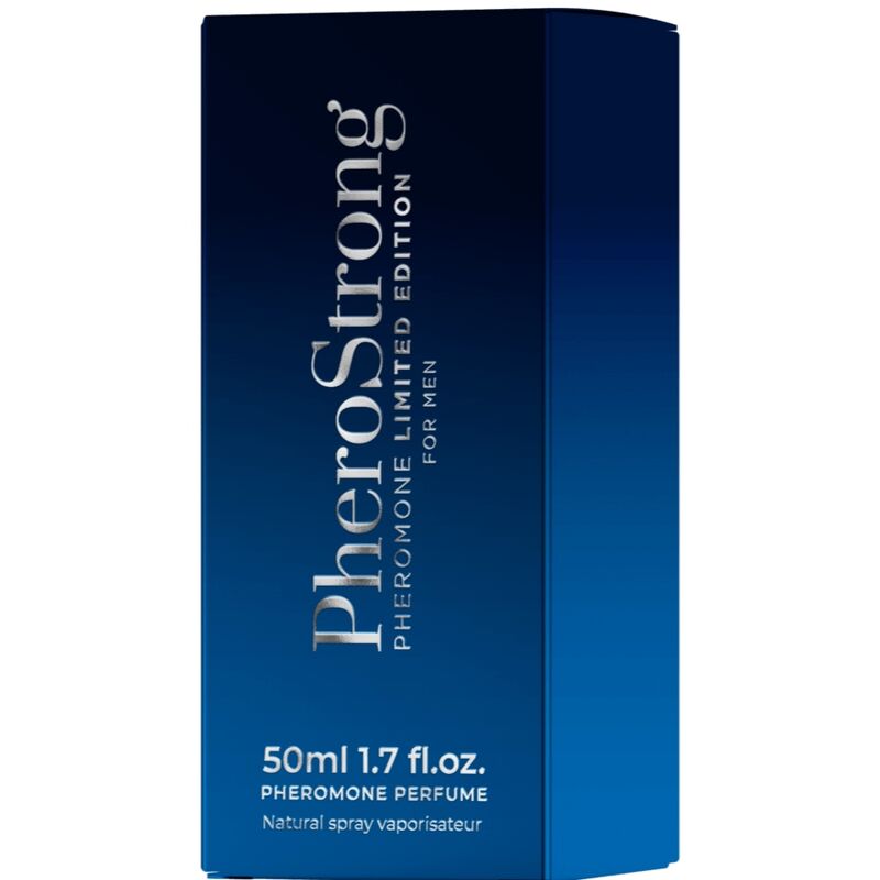 PHEROSTRONG Perfume de Feromônios Edição Limitada Homem 50ml, embalagem e frasco do produto.