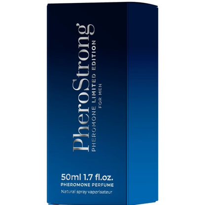 PHEROSTRONG Perfume de Feromônios Edição Limitada Homem 50ml, embalagem e frasco do produto.