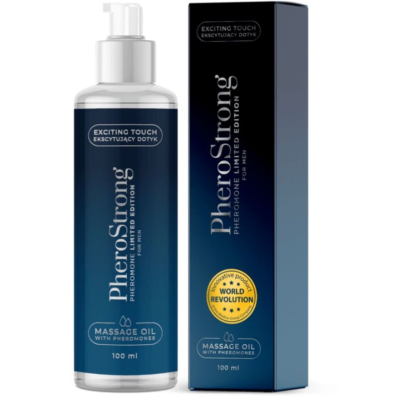 Close-up do PHEROSTRONG Óleo de Massagem Edição Limitada para Homem 100ml, mostrando sua embalagem elegante e textura do óleo.