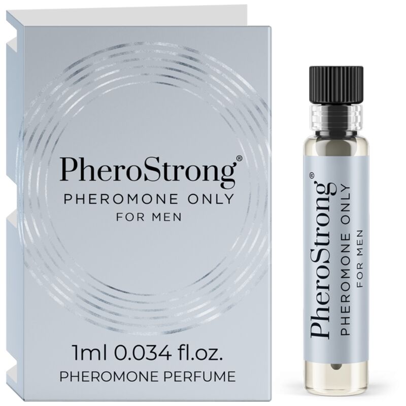 Frasco do PHEROSTRONG Perfume de Feromônios Masculino 1 ML com detalhes da marca e fragrância.