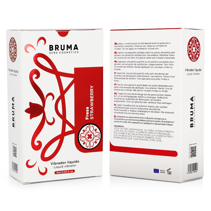 Vibrador líquido BRUMA sabor morango 15ml, embalagem e textura.