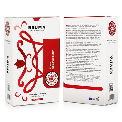 Vibrador líquido BRUMA sabor morango 15ml, embalagem e textura.