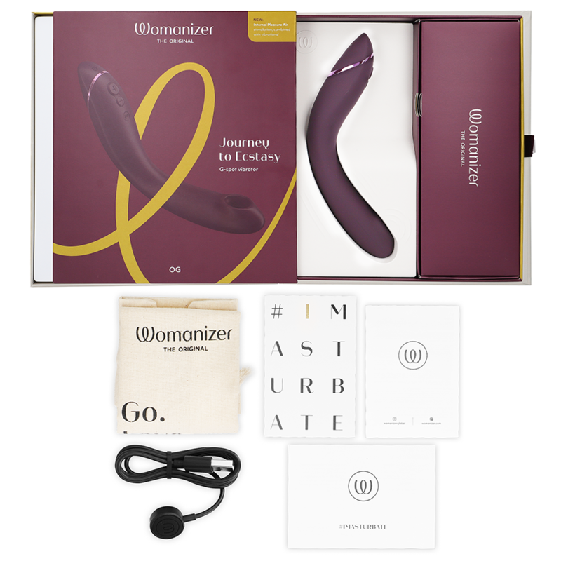 Close-up do Vibrador Womanizer OG G-Spot Aubergine com tecnologia Pleasure Air.