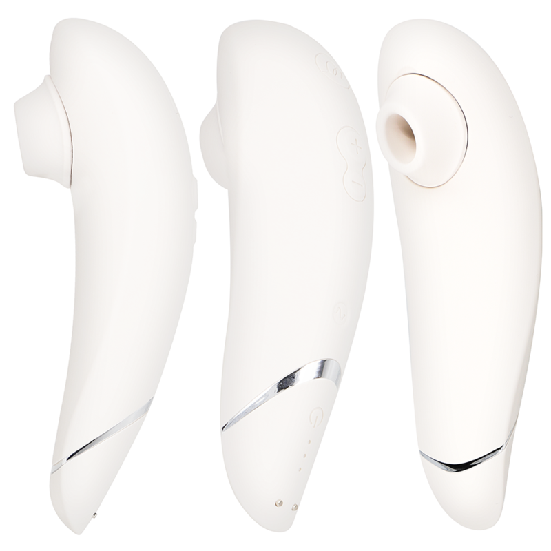 Close-up of the Womanizer Premium 2 Estimulador Clitoriano Warm Grey showing its innovative Pleasure Air Technology nozzle.