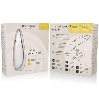 Close-up of the Womanizer Premium 2 Estimulador Clitoriano Warm Grey showing its innovative Pleasure Air Technology nozzle.