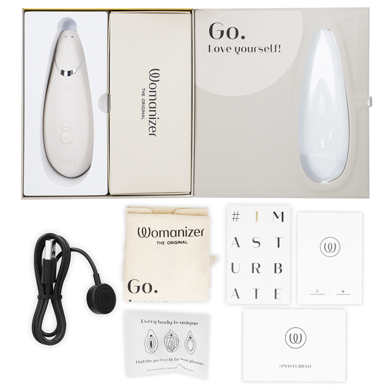 Close-up of the Womanizer Premium 2 Estimulador Clitoriano Warm Grey showing its innovative Pleasure Air Technology nozzle.