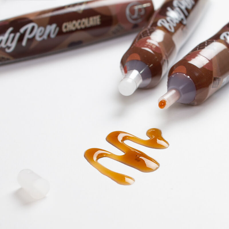 Close-up da Caneta de Pintura Corporal Comestível Secret Play Sabor Chocolate, mostrando a embalagem e a ponta aplicadora.