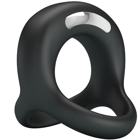 Close-up of the PRETTY LOVE Elliott Anel Vibratório para Pénis e Bolas Preto, showing its texture and features.
