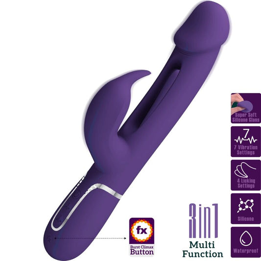 BONITO AMOR Vibrador Coelho Multifunção 3 em 1 com Língua Violeta, close-up do design e textura.