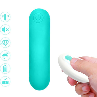 Close-up do ARMONY Vibrador Bullet Joline de Silicone com Controle Remoto Verde, mostrando seu design compacto e textura suave.