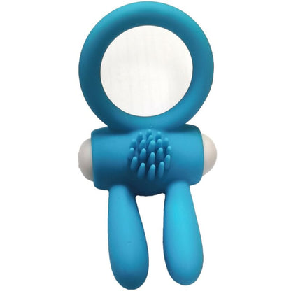 Anel vibrador Armony Mr Bunny de silicone preto, detalhe da textura e design ergonómico.