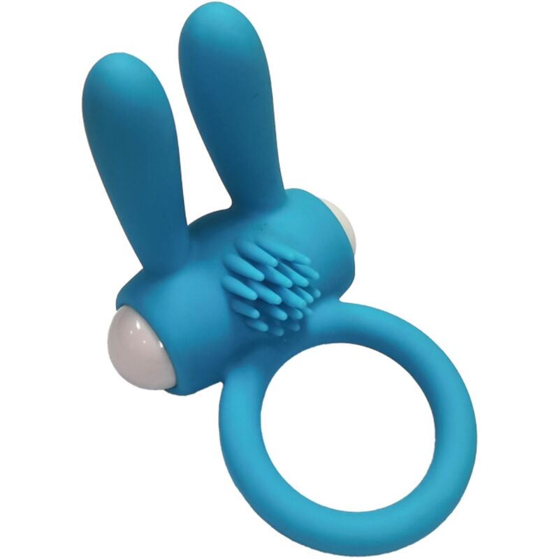 Anel vibrador Armony Mr Bunny de silicone preto, detalhe da textura e design ergonómico.