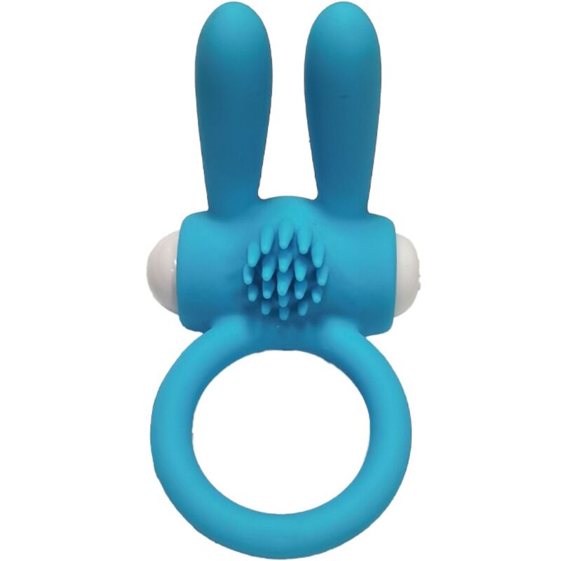Anel vibrador Armony Mr Bunny de silicone preto, detalhe da textura e design ergonómico.