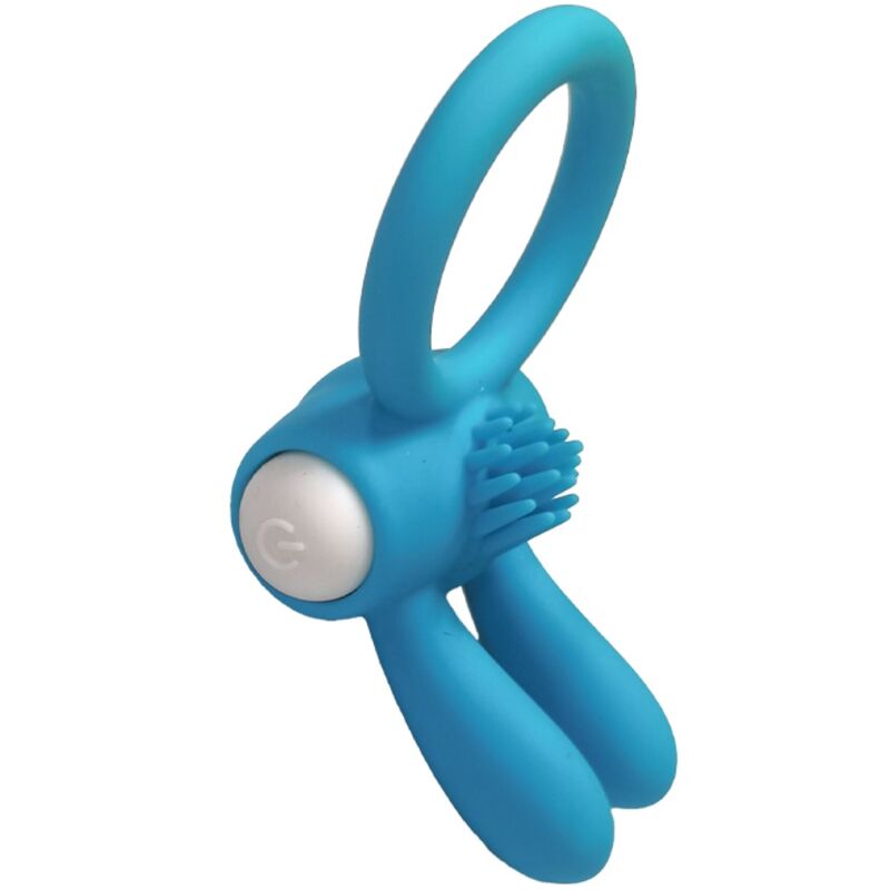 Anel vibrador Armony Mr Bunny de silicone preto, detalhe da textura e design ergonómico.